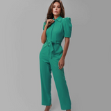 Women's Looser Legs Four Pockets Shirt Collar Jumpsuit