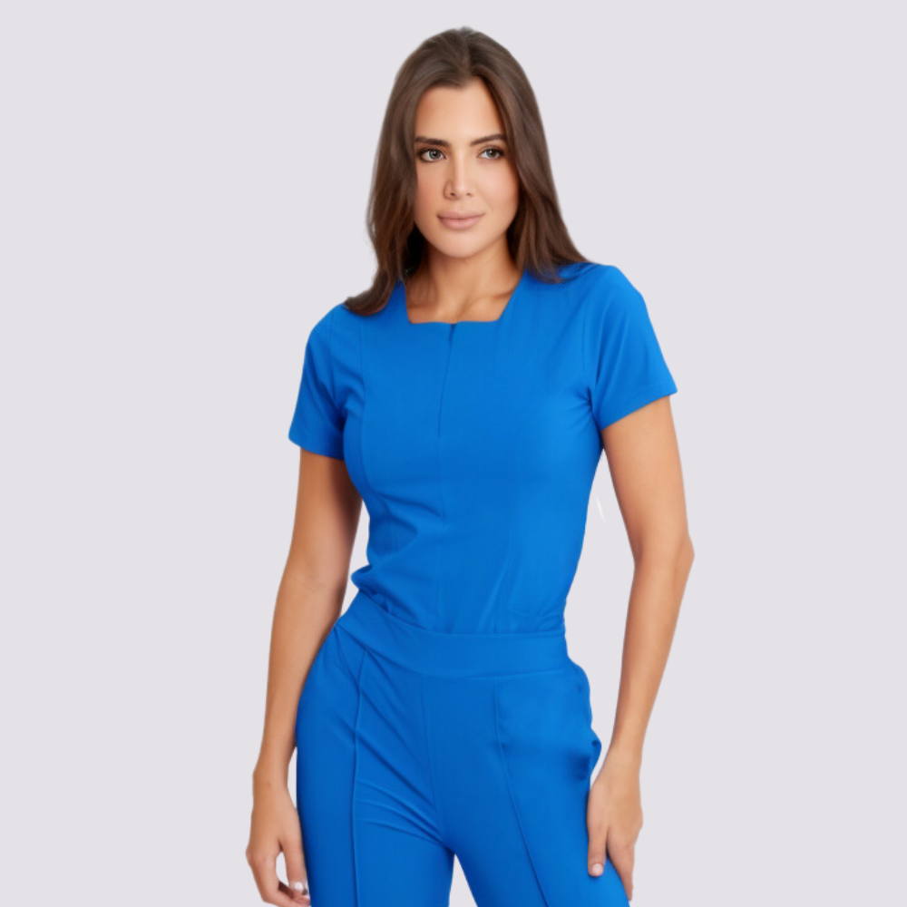 Women's Square Zipper Neckline Double Front Pockets Scrub Top