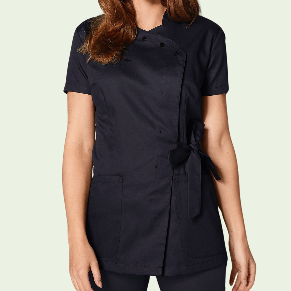 Women's Stand-up Collar Scrub Top with Decorative Bow