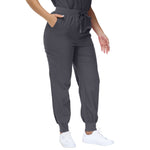 Barbara Eight-Pocket Jogger Scrub Pants with adjustable drawcord and vibrant drawstring.