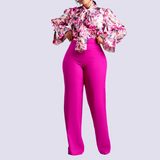 Women's Printed Bow Collar Long Sleeve Shirt Wide Leg Pants Modern Set