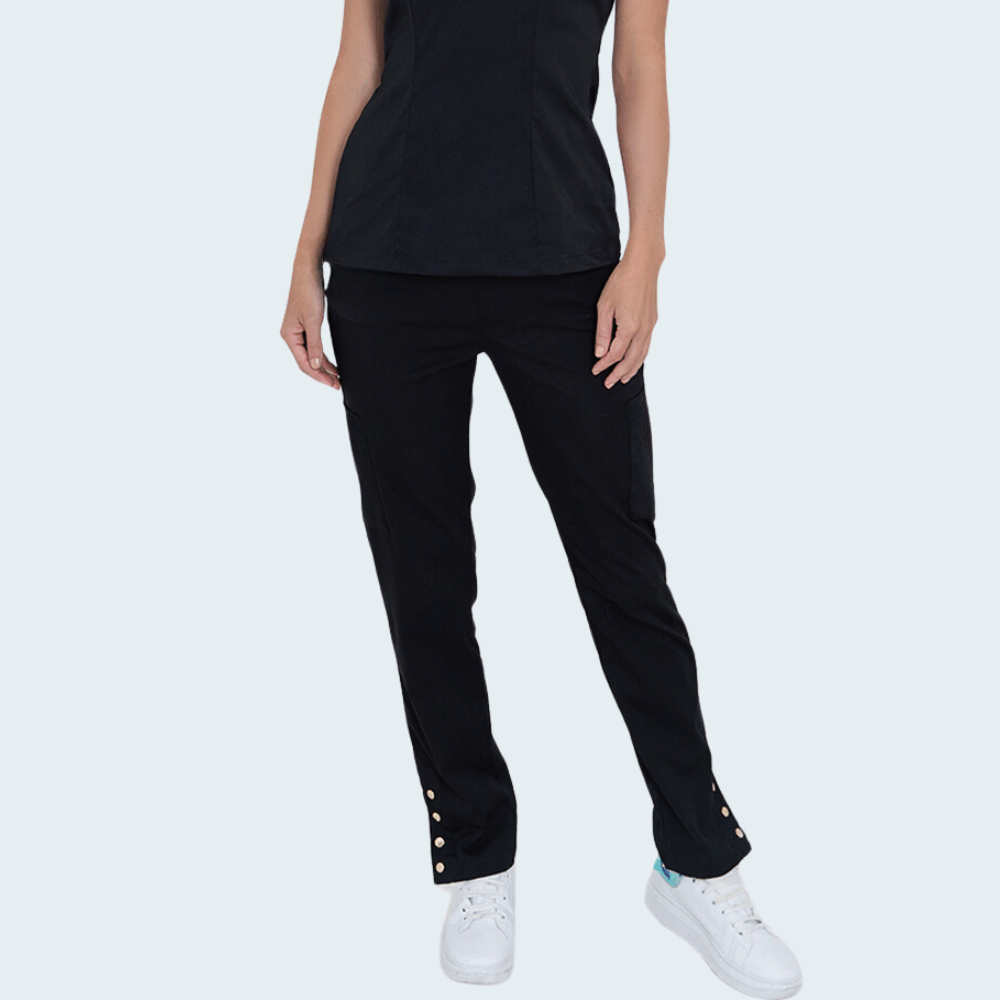 Women's Six Pockets Button Slit Hem Scrub Pant