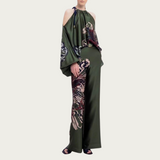 Loose Commuting Outfits Casual  Print Suit  Hollow Off Shoulder Top with Long Pants 2 Piece Set