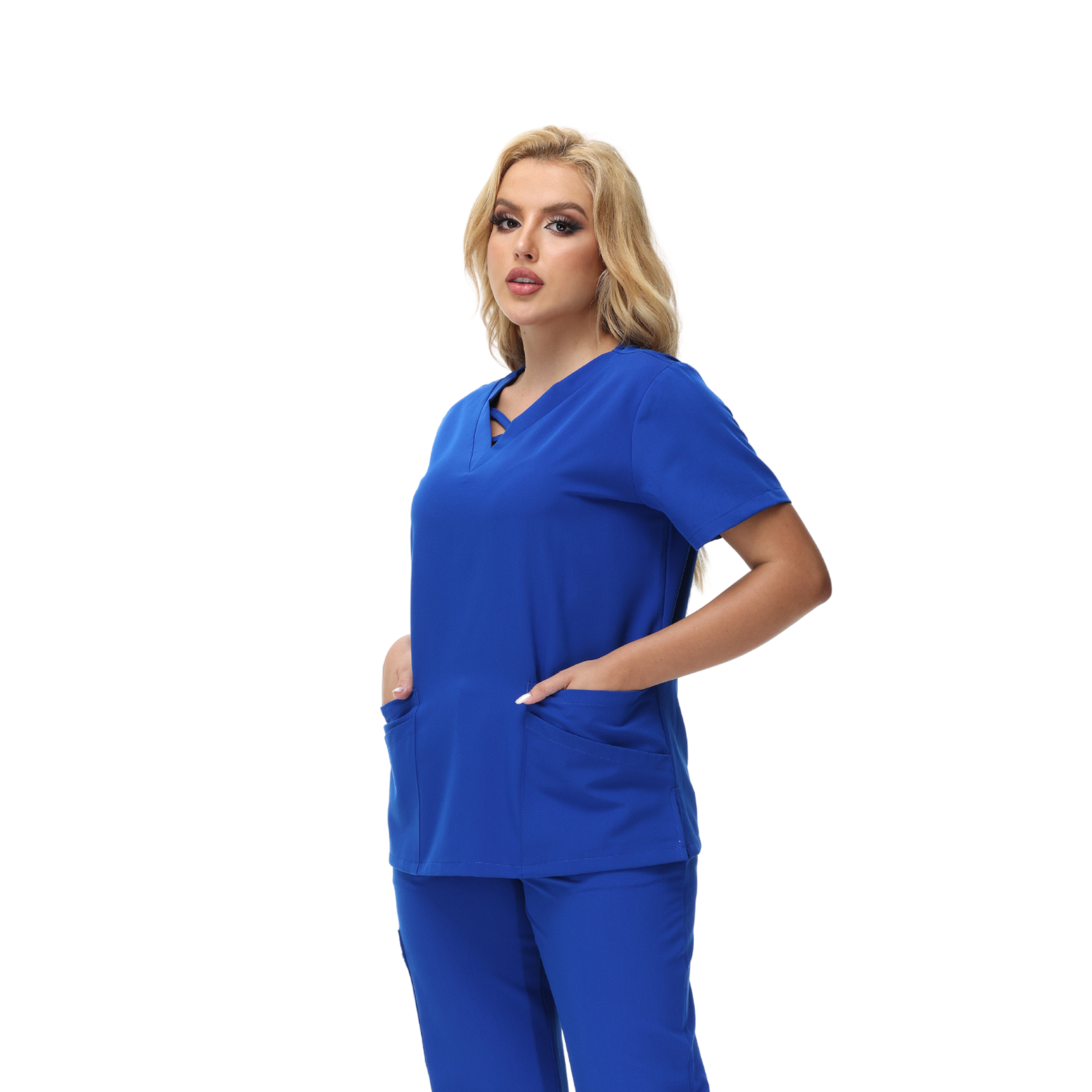 Anne V-neck Four-Pocket Scrub Top featuring a unique cross design and functional pockets.