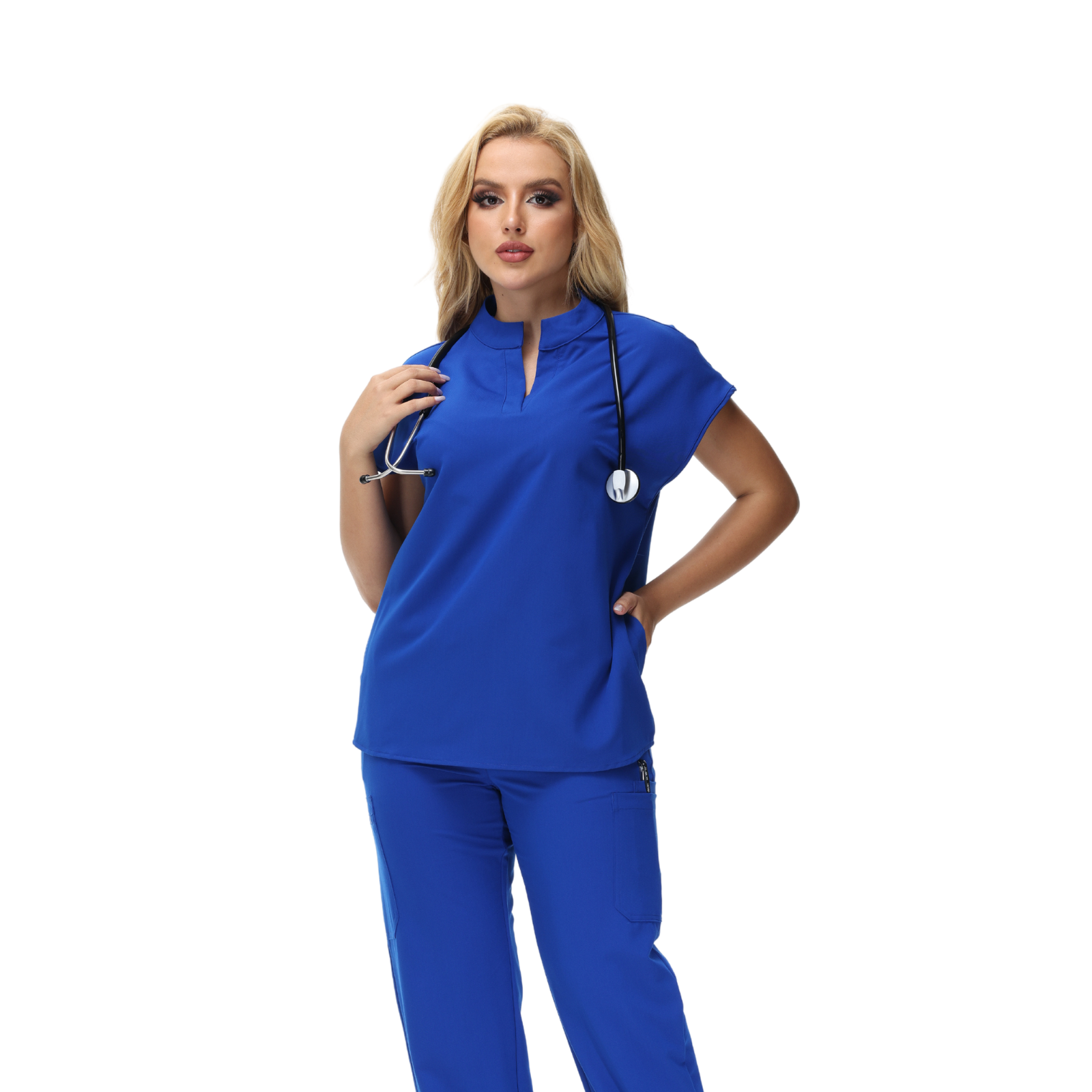 Angela Mandarin Collar Scrub Top with expansive fit and stylish design.