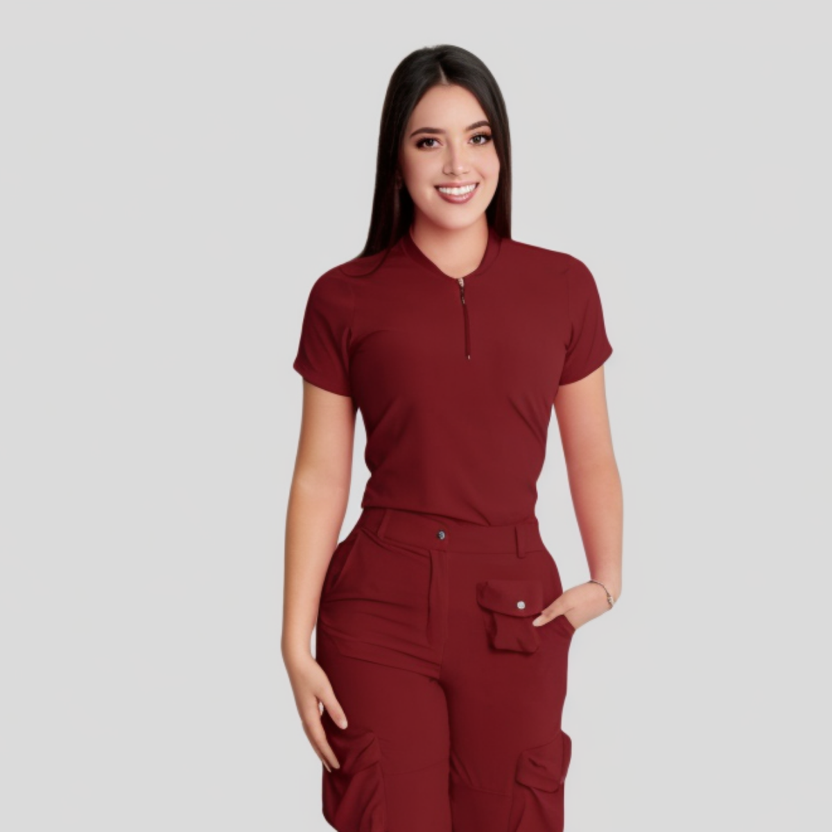 Women's Simple Zip Collar Scrub Top