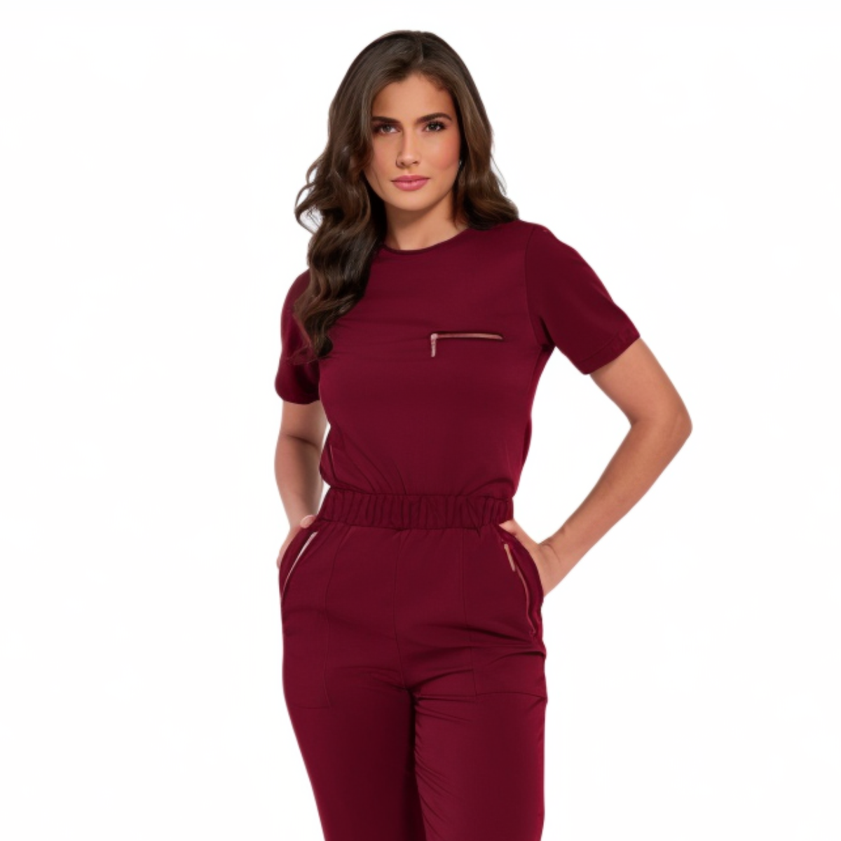 Women's Crew Neck Chest Zipper Pocket Scrub Top