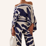 Printed Round Neck Loose Bat Sleeve Waist Wide Leg Pants Modern Casual Set