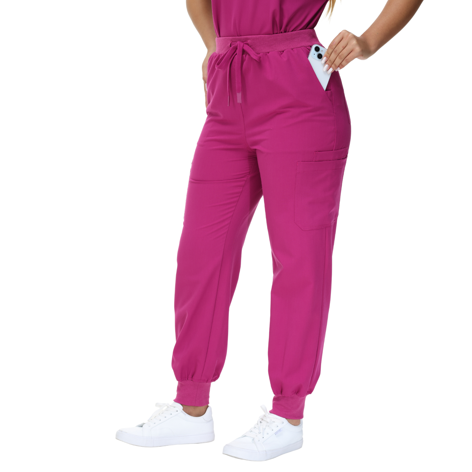 Barbara Eight-Pocket Jogger Scrub Pants with adjustable drawcord and vibrant drawstring.