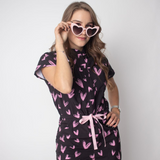 Women's Pink Heart Print Long Flared Cut Jumpsuit